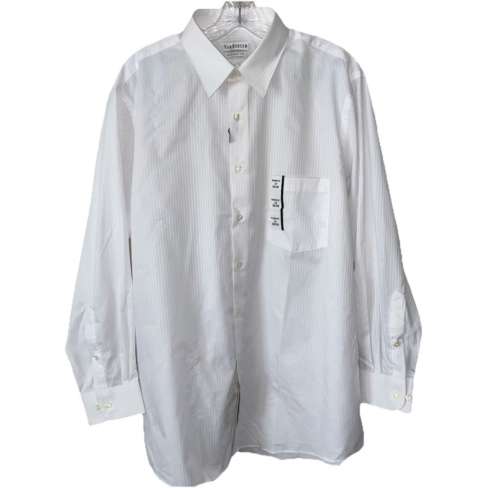 New Van Heusen Satin Stripes Mens Dress Shirt White 17' Neck Classic Fit 32-33